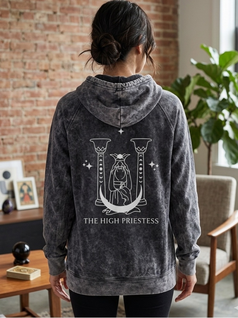 "The High Priestess" Acid Wash Black Hoodie Size L